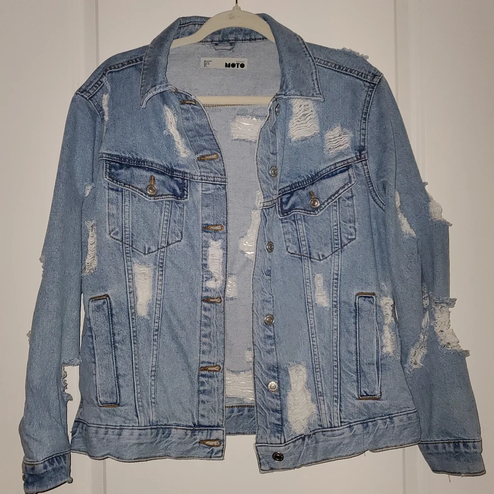 Topshop Moto Distressed Blue Denim Jacket, Oversized 6 - Picture 1 of 8